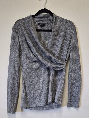 DKNY Gray Ribbed V-Neck Draped Wrap Sweater Size M